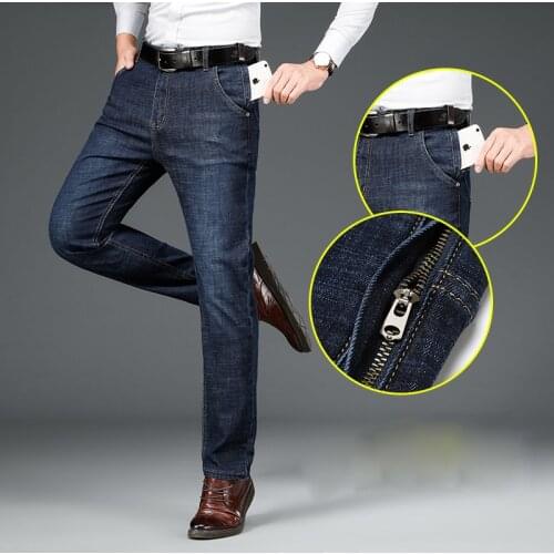 2021 autumn and winter new Straight loose mens denim Mens anti-theft zipper jeans Mens dark blue smoky blue
