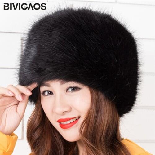 BIVIGAOS New Fashion Velvet Winter Warm Dome Caps Faux Fox Fur Hat Fake Mink Fur Hats For Women Skullies Beanies Bone