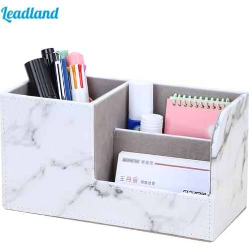New Marble Small Stationery Pen Holder Pencil Box PU Leather Desk Organizer Cell Phone Stand Name Card Holder Office Storage Box
