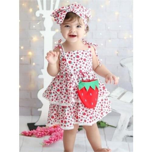 Female Child Red White Strawberry Girl Dress Woven Round Collar Cotton Polyester Lining