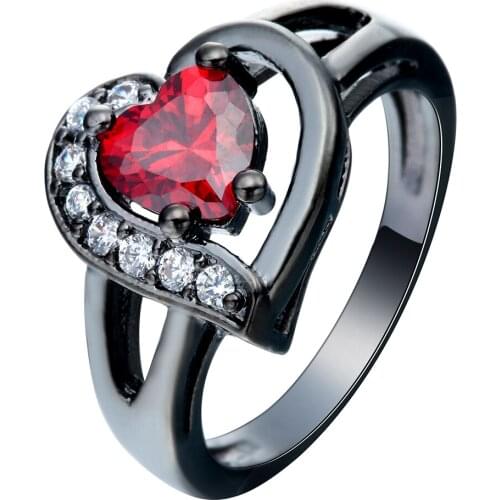 Romantic Big Heart Ring Crystal Black Gold Filled Cubic Zircon Red Stone Ring Wedding Engagement Jewelry Bague