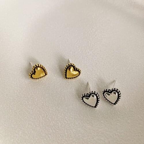 WTLTC Ancient Gold Sliver Color Small Heart Stud Earrings Retro Metal Beaded Tiny Studs Minimal Statement Earrings for Women INS