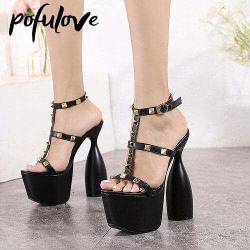 Pofulove Rivet High Heels Platform Shoes Women Sandals T Strap Fashion Shoes Rivet Sandals Zapatos Plataforma De Mujer De Fiesta