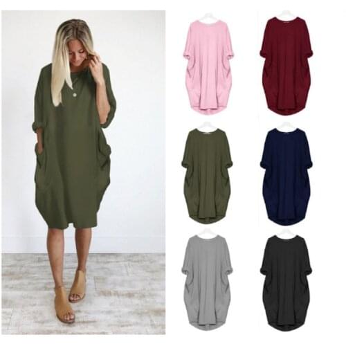 Women Cotton Knee Length Dress Pocket Loose Casual Dresses Vintage Spring Summer Fall Maxi Clothes Party Holiday Plus Size Dress