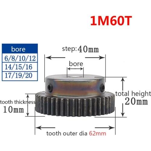 1/2/5/10/20PCS 1M 60T Spur Gear Pinion Bore 8mm Step 40mm Tooth Quench Motor Pinion Gear 1 Modulus Tooth 60 Outer Diameter 62mm