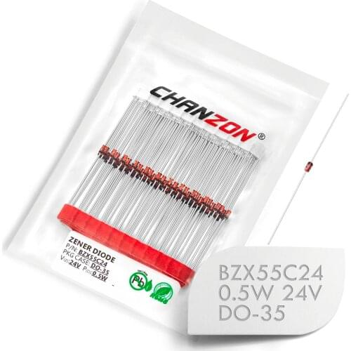 100 Pcs) BZX55C24 BZX55C24V (1N5252B) Zener Diode 0.5W 24V DO-35 (DO-204AH) 0.5 Watt 24 Volt IN5252B 1N5252