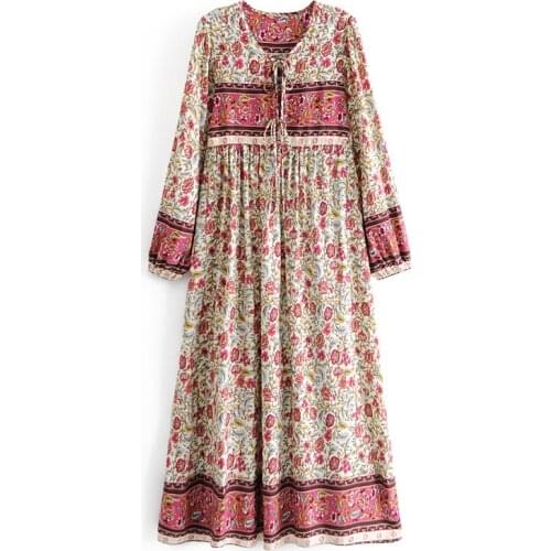 2021 spring Multi floral print Vintage women tie neck tassel beach Bohemian maxi dress Ladies rayon Boho party wear vestidos