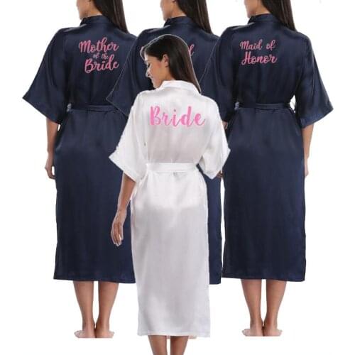 Navy blue Wedding Robe gold writing satin Silk pajamas sister bride short Kimono getting married Bridal Party Robes