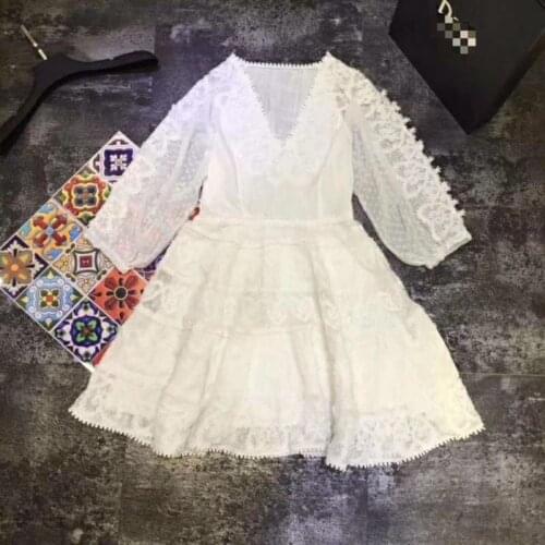 White Lace designer Dress deep V-neck Ladies Sexy beach ruffles Dress 2021 New Summer Hollow Out Polka Dot luxury Dress