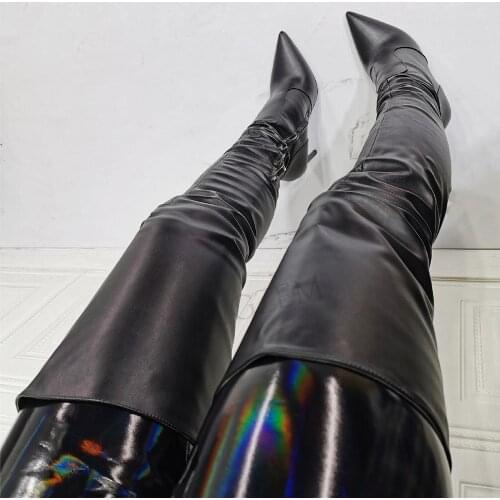 BERZIMER Women Over High Boots Side Zip Black Faux Leather Stiletto Heels Boots Party Cosplay Shoes Woman Plus Size 41 43 45 47
