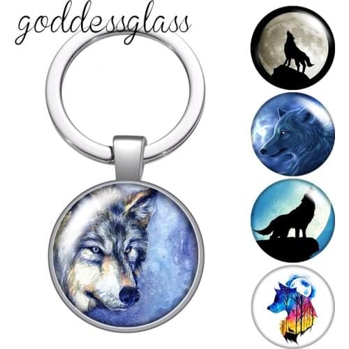 Wolf Animals bear unicorn owl footprints Round glass cabochon keychain Bag Car key chain Ring Holder Charms keychains Gifts