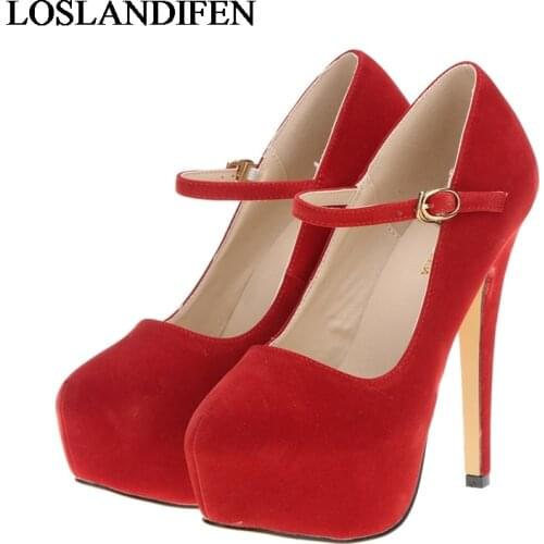 Black Red Women Shoes Platform Pumps Thin High Heels Stilettos Closed Toe Rubber Sloe Fashion Ladies Shoes Big Size NLK-A0040