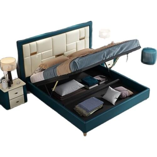 Elegant bedroom furniture king storage wooden frame full leather bed with drawer and storage