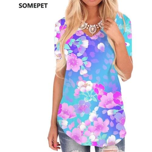 SOMEPET Flower T Shirt Women Colorful V-neck Tshirt Romantic T-shirts 3d Gradient Tshirts Printed Womens Clothing Fashion Cool