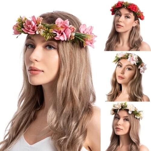 Women Girls Forest Artificial White Flower Crown Garland Headpiece Fake Geen Leaf Adjustable Floral Wreath Headband Bridal