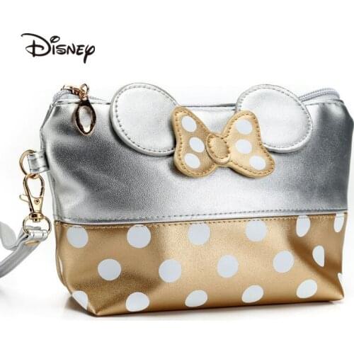Disney Mickey Minnie Cosmetic Bags Women Makeup Bag New Cartoon Large Bow Tie Clutch Women Packages PU Leather Bag Handbag