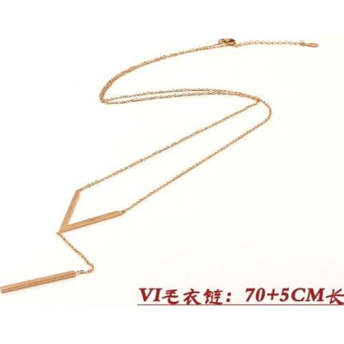Fashion Stainless Steel Love V Letter Chain Square Long Pendant Necklace Sweater Chain Women Gift RoseGold Color