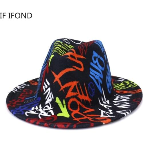 2021 NEW European and American Fashion Graffiti Jazz Fedora Hat Autumn Winter Woolen Wide Brim Trilby Formal Cap Sombrero