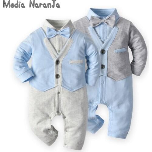 Autumn Childrens Wear Gentleman Bow Tie Babys Romper Long Sleeve Solid Color Fake Two-Piece Romper Baby Jump Suit