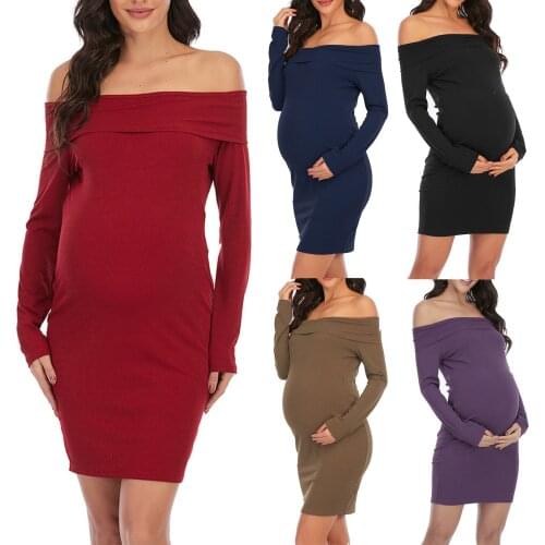 Pregnant Woman Dresses Womans One Word-Collar Long Sleeve Solid Color Sundress Maternity Elegant Sexy Slim Dress Vestidos