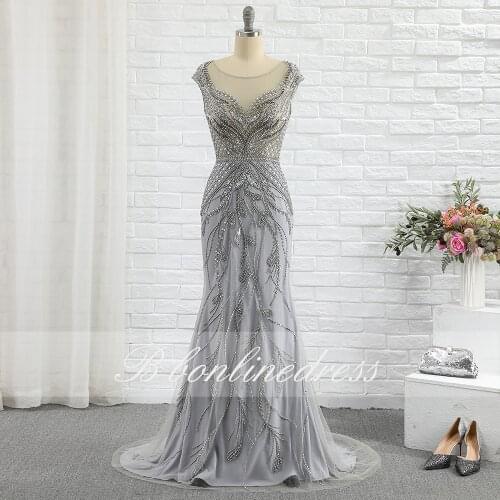 Luxury Silver Rhinestones Cap Sleeve Evening Dress 2020 Long Mermaid Evening Gown Competition Formal Dress Robe De Soiree