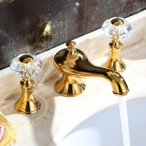 Gold Brass Crystal handle Bathroom Sink Faucet Unique design Deck Mounted copper Lavatory Faucet Cold and hot water Mixer Tap