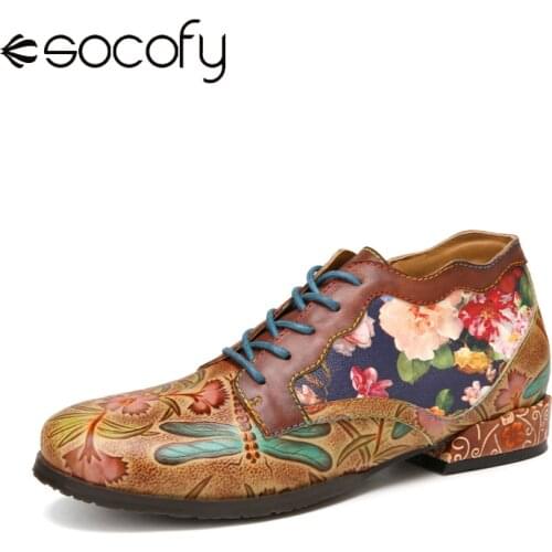 SOCOFY Women Durable Shoes Natural Flowers Pattern Stitching Cowhide Leather Retro Brown Comfy Lace Up Low Heel Shoes Loafers