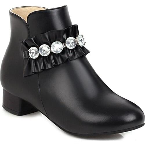 Rhinestone Lace Trim Ankle Boots Low Heel Round Toe Short Plush Women’S Boots Cute Pink PU Women’S Shoes