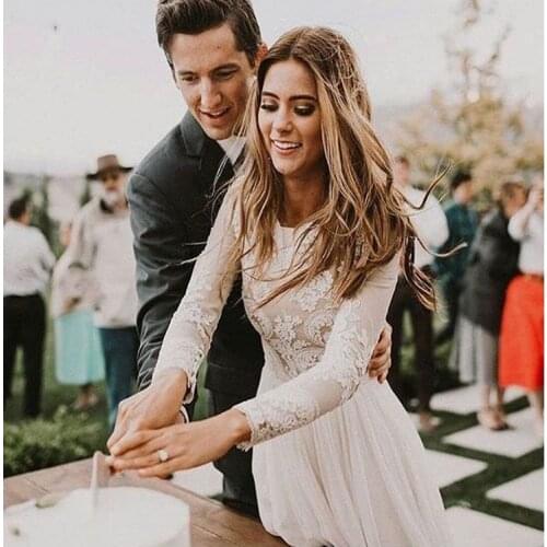 LORIE Boho Long Sleeve Wedding Dress 2019 Robe de mariee Vintage Lace Top New Bridal Dress Puffy Chiffon Wedding Dresses