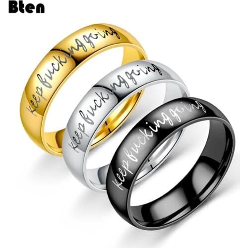 Bten Engraved "keep Fucking Going" Text Signature Handwriting Men Lady Unisex Stainless Steel Titanium Rings
