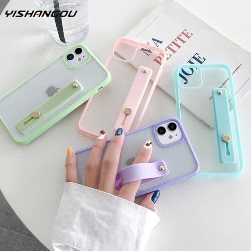 YISHANGOU Candy Color Clear Acrylic Case Cover For iPhone 11 12 Pro Max XS XR X 8 7 Plus 11 Pro Hand Strap Holder Phone Case