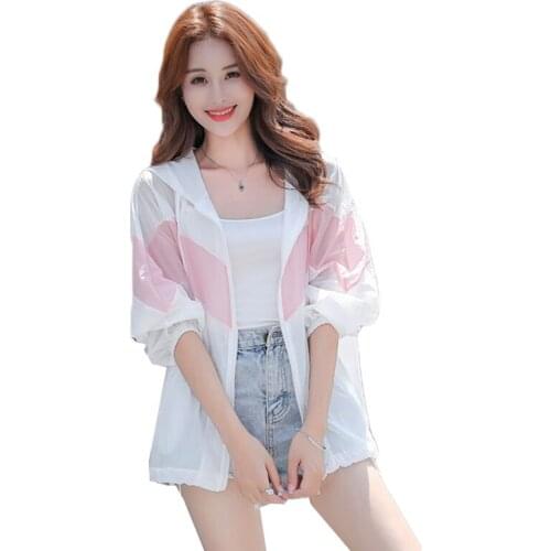 2020 Women Sun Protection Clothing Female Thin Short Jacket Bat Sleeves Patchwork Tops Summer Loose Hooded Sunscreen Jacket Y131