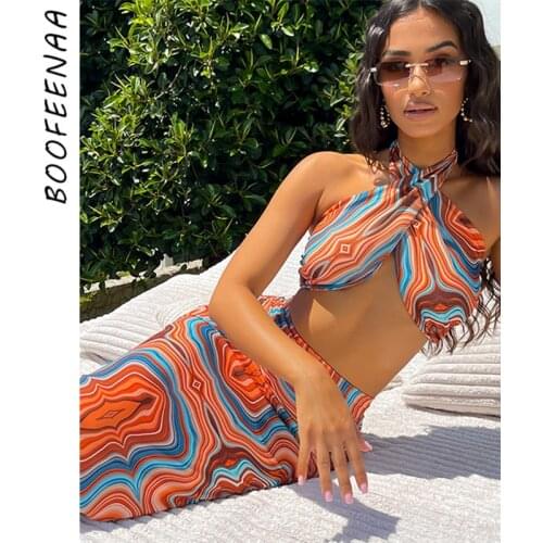 BOOFEENAA Sexy Two Piece Set Print Long Skirt and Halter Top Vacation Birthday Outfits for Women Bodycon Dress Suit C70-BF22