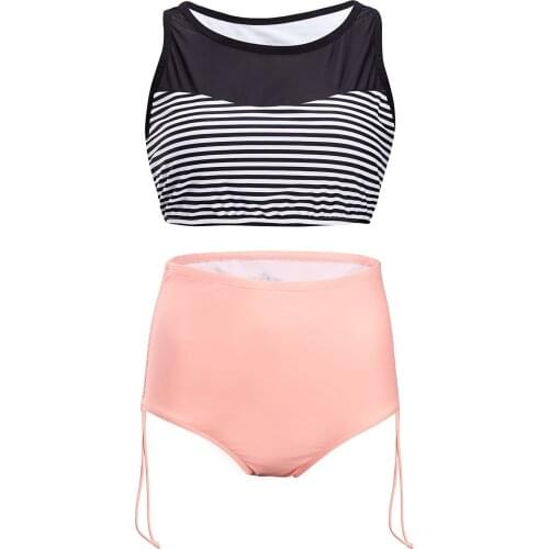 ZITY Womens Young Street Style Sexy Striped Wire Free Mesh High Waist Bikini Set Fashion Pink Swimsuit 2 Piece Sets Womens