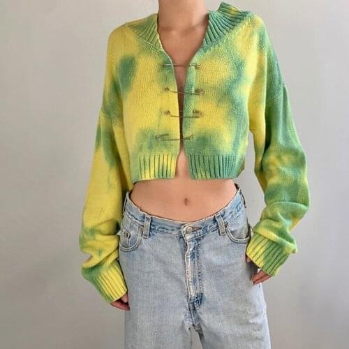 Women Knitted Cardigan Autumn Long Sleeve Tie-Dye Sweater Coat Vintage Pin Open Front V-Neck Look thin Loose Outwear Tops