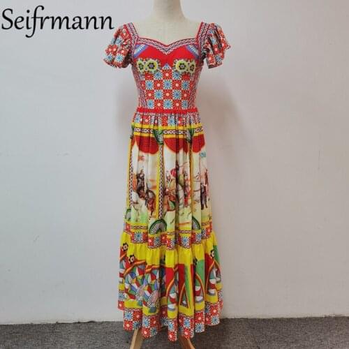 Seifrmann New 2021 Summer Women Fashion Designer Long Dress Short Sleeve High Waist Vintage Print Elegant ALine Dresses Vestidos
