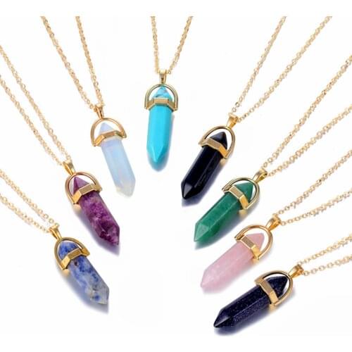 Fashion Opal Stone Hexagonal Column Quartz Necklaces for Women Natural Crystal Pendant Necklace Bohemian Statement Jewelry Gift