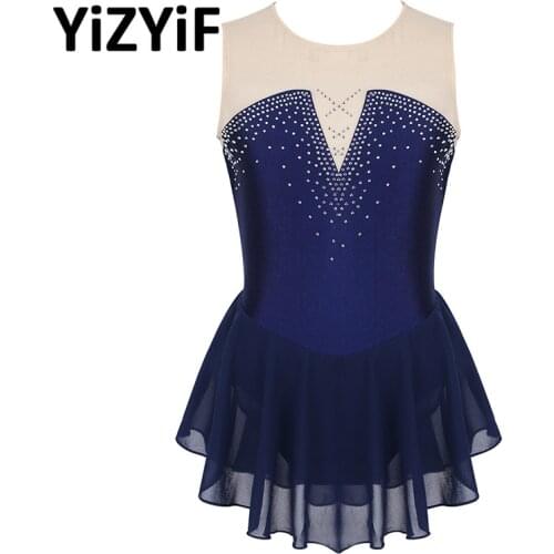 Girls Figure Skating Dress Ballet on Ice Sparkly Inlaid Rhinestone Mesh Splice Ballet Leotard Gymnastics Dress Dancing clothes
