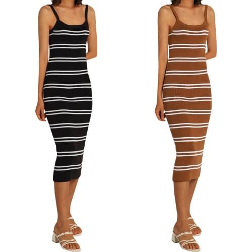 2021 New Style Women Low-cut Striped Midi Dress Ladies Sleeveless High Waist Knitted Long Dress for Summer High Quality