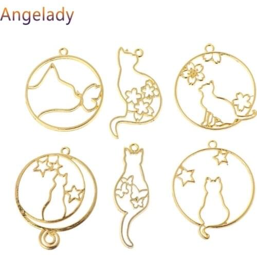 6 Pcs/Set Metal Frame DIY Jewelry Necklace Pendant Gold Kitten Cat Cute Hollow Frames UV Epoxy Resin Tools Accessories Handmade