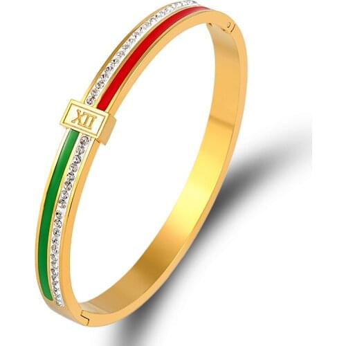 Red Green Enamel Bangle for Woman Stainless Steel Jewelry Roman Numeral Bracelet with Crystals Wedding Party Fashion Pulseras