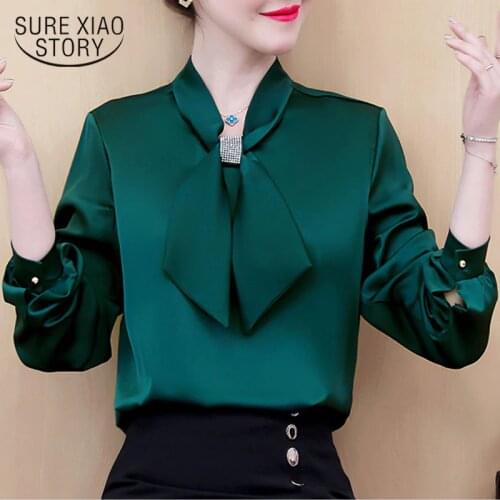 2020 New Fashion Rhinestone Ribbon Tops Women Blouses Spring Autumn OL Style Shirt Elegant Women Long Sleeve Blouse Blusas 10317