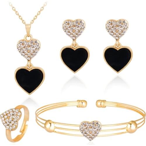 HC Vintage Enamel Black Heart Pendant Girl Kid Necklace Set Cute Loving Heart Earrings Crystal Necklace Children Jewelry Sets T