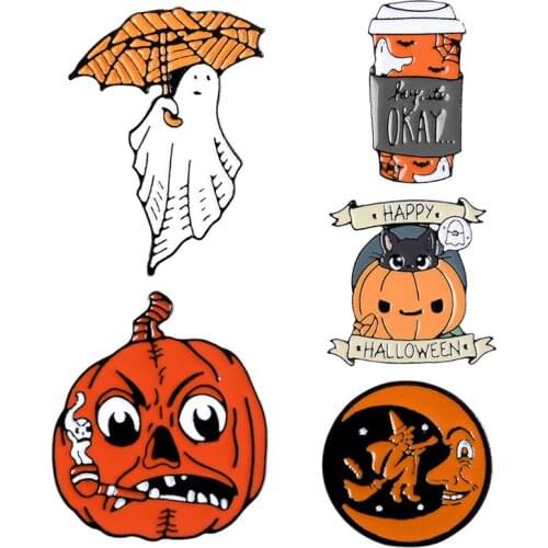 Halloween Cartoon Metal Enamel Brooch Pumpkin Ghost Coffee Moon Witch Backpack Lapel Pins Badges Party Jewelry Buttons