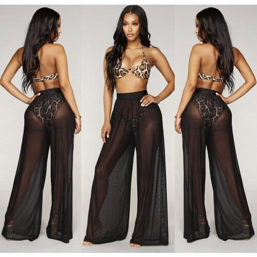 Hirigin Womens Wide Leg High Waist See Through Loose Beachwear Bikini Cover Up Pants Bottom Bathing Suit Size S-2XL