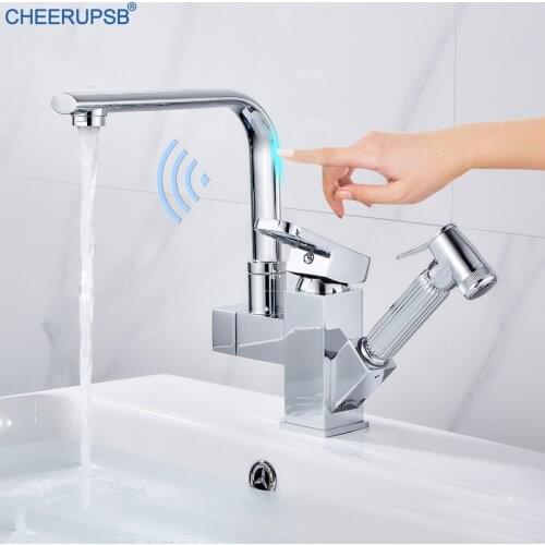 Touch Sensor Faucet Bathroom Pull Out Flexible Tap Deck Mount Smart Basin Brass Faucets Modern Battery Taps with Bidet Sprayer