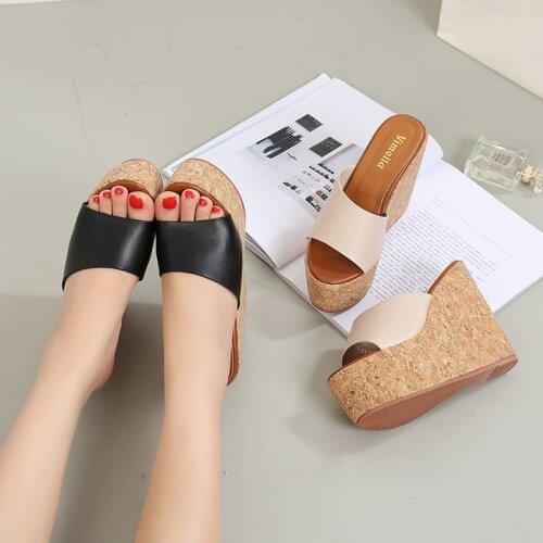 Platform Slippers Women Shoes fashion Wedges Slides Casual Thick bottom Mules Summer peep Toe Sandalias Mujer apricot black