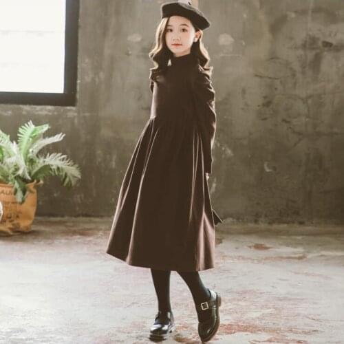 Girls Winter Long Dress Teen Girl Coffee High Neck Warm Lining Causal Dresses Children Thicken Dress Kids Clothing 10 12 14 16T