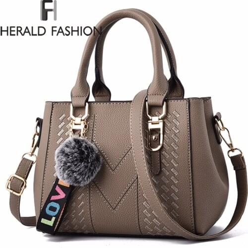 Embroidery Women Handbags with Fur Ball Designer PU Leather Shoulder Messenger Bag Office Lady Crossbody Tote Bag Female Purse