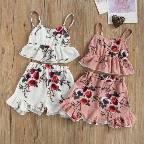 2-7Y Summer Kids Girls Lovely Clothes Sets Flowers Printed Ruffles Strapless Vest Tops Trousers Shorts